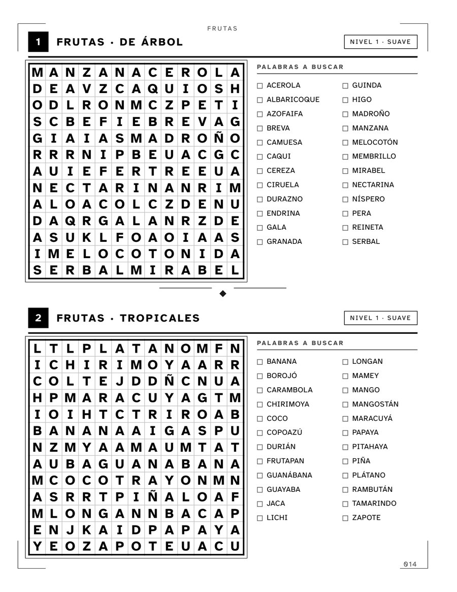 Página del libro con una sopa de letras de nivel 1 sobre frutas