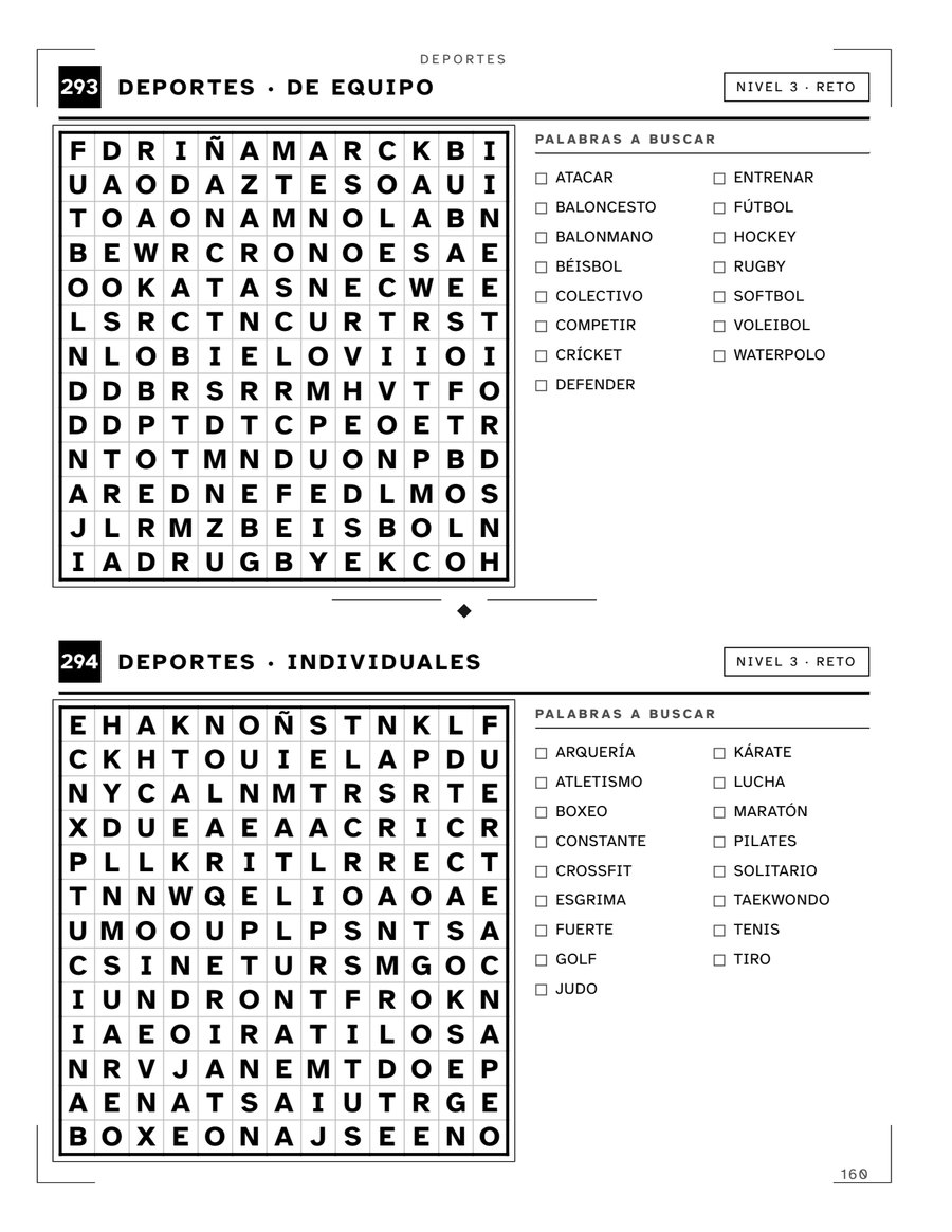 Página del libro con una sopa de letras de nivel 3 sobre deportes